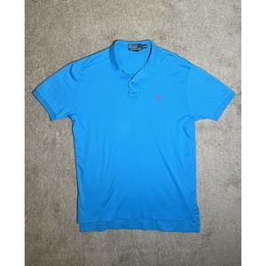 Vintage Polo By Ralph Lauren Shirt Blue Mens Size Medium Pink Pony Logo Collar